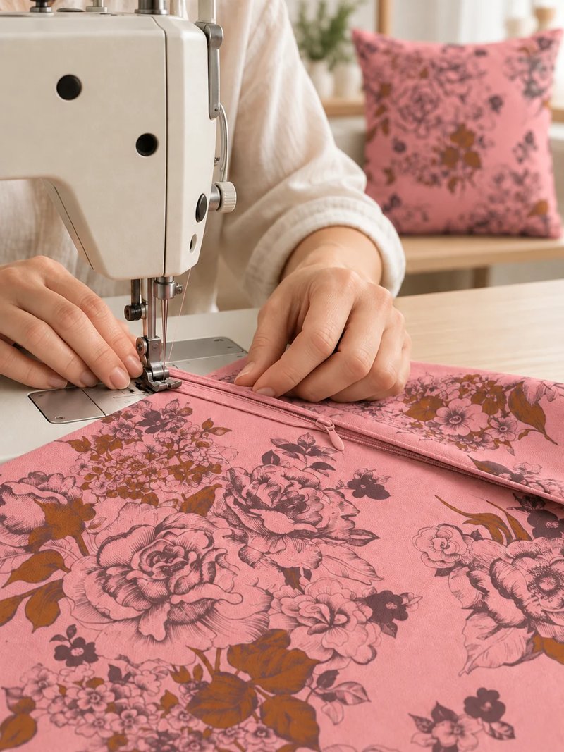 Applicazione della zip invisibile su una fodera AIMI rosa, in laboratorio